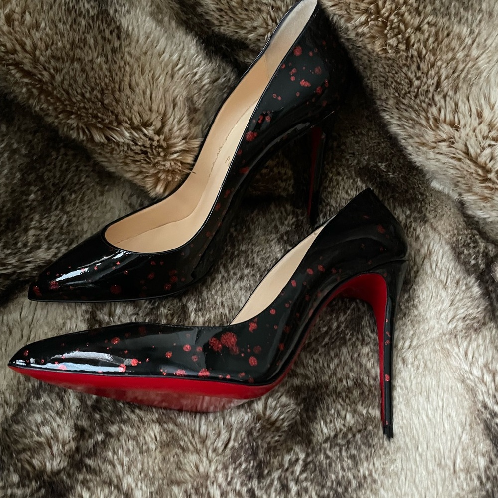 Christian Louboutin Pigalle Follies Heels - Black with red glitter dots, size 38